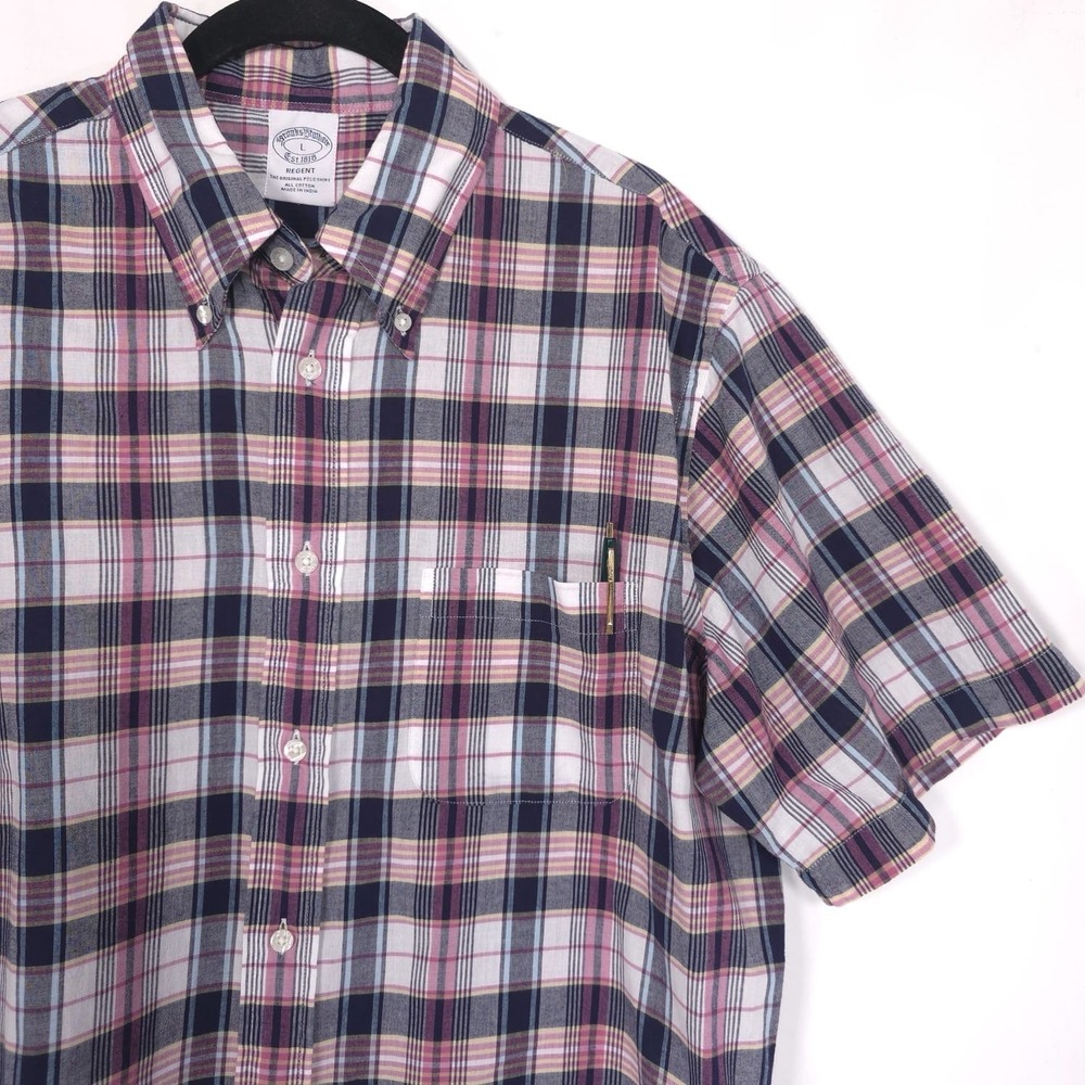 BROOKS BROTHERS Men's Shirt LARGE Plaid REGENT Short Sleeve Pink Gingham Check
